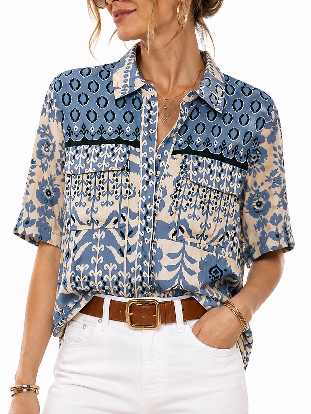 Rachel Zoe Blue & Ivory Patchwork Print Blouse | Size Medium